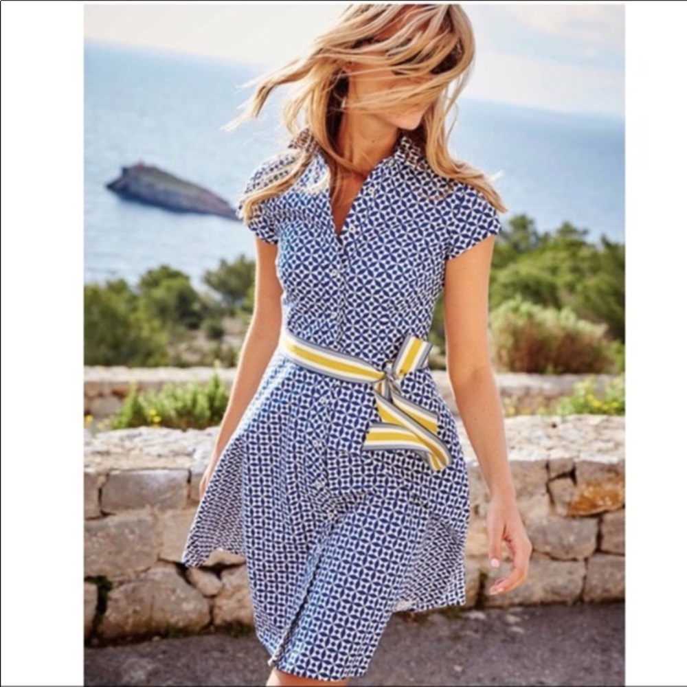 Boden Sophia Blue and White Geometric Shirt Dress